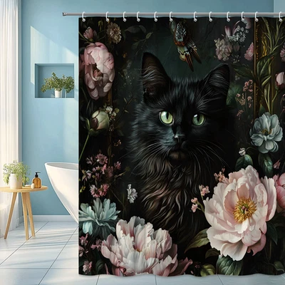Black Cat Floral Shower Curtain Gothic Flower Vintage Pet Design - Image 1 of 4