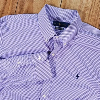 Camisa Polo Ralph Lauren Calce Ajustado a Cuadros Abotonada Para Hombres XL Púrpura Algodón Elástico Foto 1 de 4