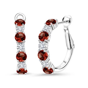 925 Sterling Silver Garnet and White Lab Grown Diamond Hoop Earrings For Women - Picture 1 of 4