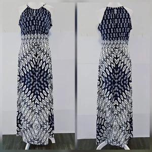London Times Size 8 Polyester Spaghetti Strap Blue White Tank Maxi Dress with Ba - Picture 1 of 24
