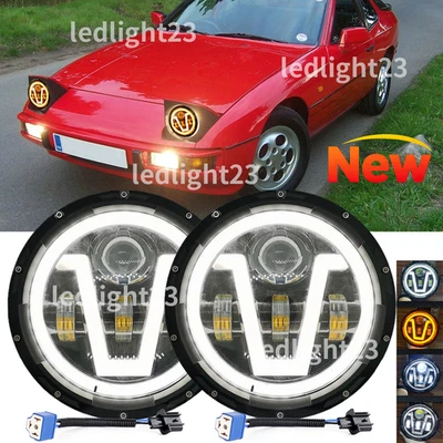 Fit Porsche 911 912 914 924 928 944 DOT Black Pair 7" Round LED Headlight Hi/Lo - Image 1 of 4