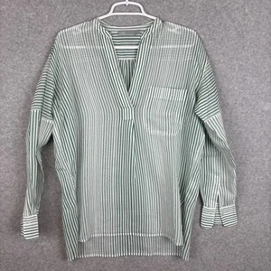 Vince Seidenmischung V-Ausschnitt Bluse Damen Gr. S grün gestreift Mandarinkragen transparent - Bild 1 von 7