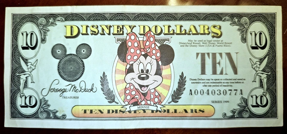 1999 DISNEY - $10 (Ten Dollar) DISNEY Dollar (Minnie Mouse) - Tough date - Image 1 of 2