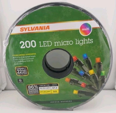 Sylvania 200 LED Multicolor Micro Lights Green Wire 49.75 ft Lighted Length New - Image 1 of 4