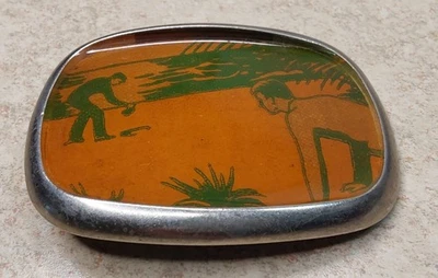 Rare Vtg Belt buckle Metal Enamel Beach Ocean Snake Catcher Scene Illustration - Image 1 of 4