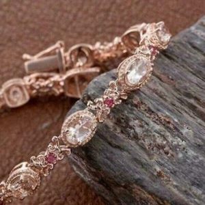 10Ct Oval Cut Morganite & Ruby Diamond Halo Tennis Bracelet 14K Rose Gold Over - Picture 1 of 3