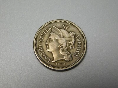 OLD US COINS 1868 THREE 3 CENT NICKEL - Image 1 of 4