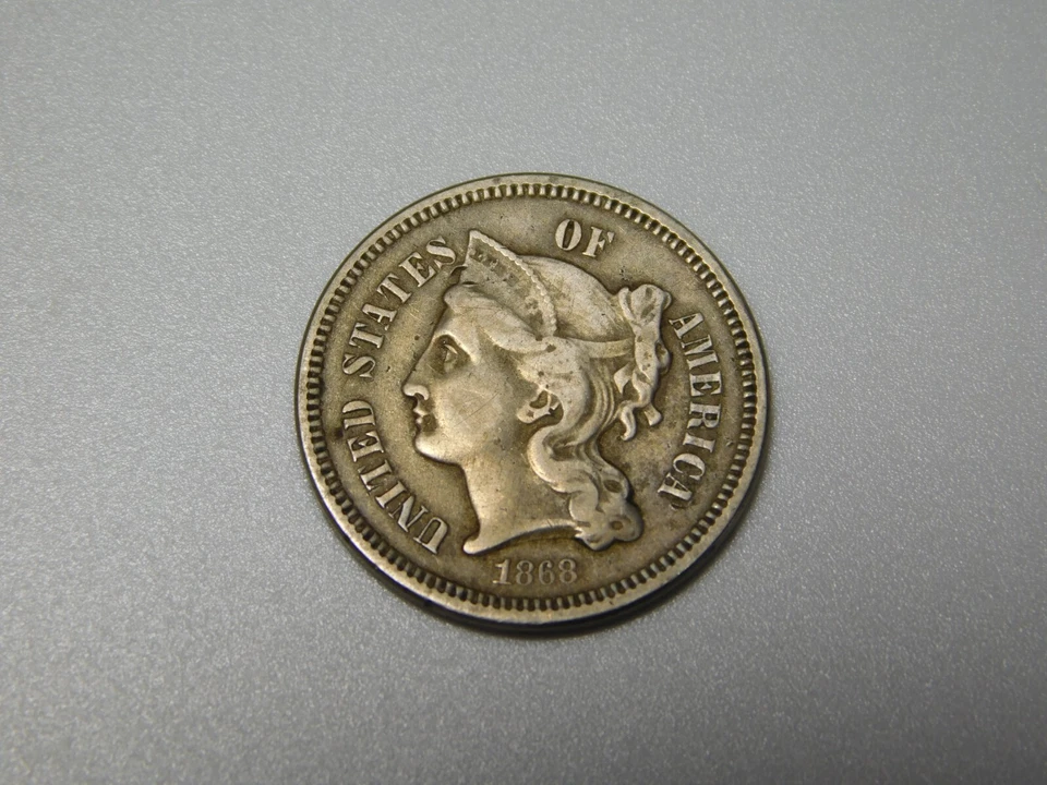 OLD US COINS 1868 THREE 3 CENT NICKEL - Image 1 of 4