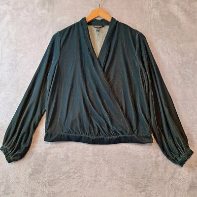 Banana Republic Blouse Medium Green Velvet Wrap Long Sleeve Ocean Emerald Top - Image 1 of 4