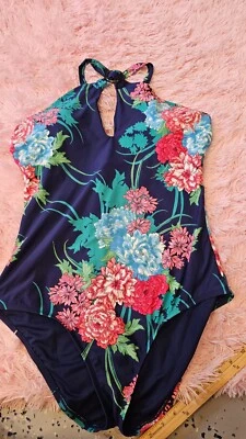 Apt. 9 Traje de baño de una pieza con anillo floral de nailon azul marino para mujer talla 2XL Foto 1 de 4