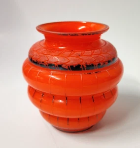Antico vaso in vetro artistico cecoslovacco Art Decò alto - arancione con argento Loetz - Foto 1 di 6