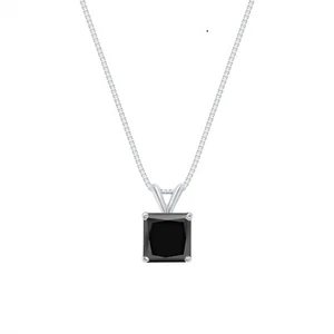 2.50 Ct Princess Cut Black Solid 14K White Gold Solitaire Pendant 18" Necklace - Picture 1 of 2