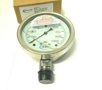 Gauge 4" Face S/S Case 0-10000 PSI 1/2" NPT Stainless Tube & Socket Filled 323FF - Image 1 of 3