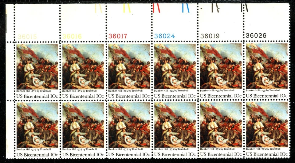US 1564, 1975 10c BUNKER HILL, TOP LEFT PBOF12, MNH (US2091K) - Image 1 of 1