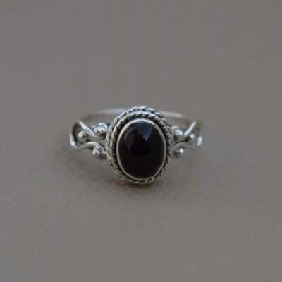 Anello fatto a mano in argento sterling 925 massiccio forma ovale onice nera ... - Immagine 1 di 4