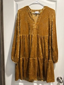The Get Mustard Golden Womens Sz M Boho Cottagecore Babydoll Dress - Picture 1 of 7