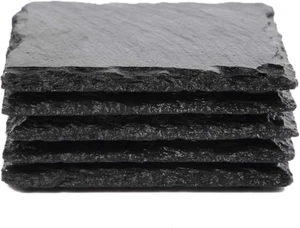 Slate Stone Drink Coasters - Set of 5 Square Black Natural Edge Stone Drink Coas - Picture 1 of 6