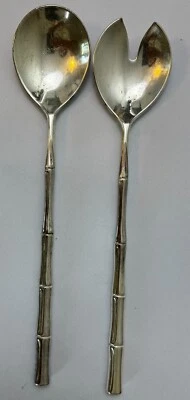 Garfo e colher para servir salada design bambu Itália prato prata 11 1/2" vintage - Imagem 1 de 4