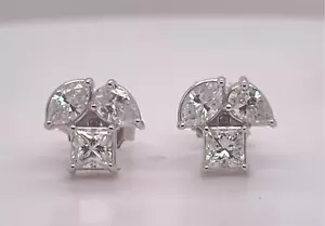 18K White Gold 1.44ctw Pear Marquise & Princess Cut Mixed Diamond Stud Earrings - Picture 1 of 7