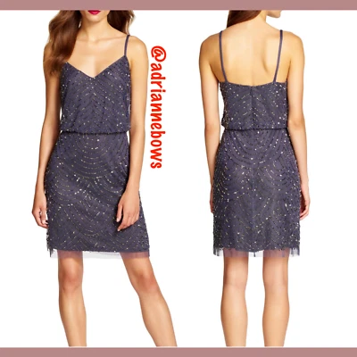 NEW Adrianna Papell Art Deco Sequin Mesh Blouson Dress in Gunmetal [SZ 10 ] N198 - Image 1 of 4