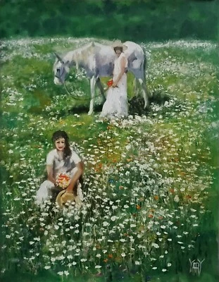 YARY DLUHOS Mujeres Caballo Flor Silvestre Campo Niña Figura Arte Original Pintura al Óleo Foto 1 de 4