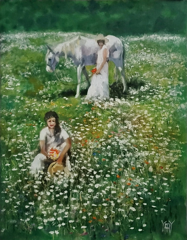 YARY DLUHOS Mujeres Caballo Flor Silvestre Campo Niña Figura Arte Original Pintura al Óleo Foto 1 de 4