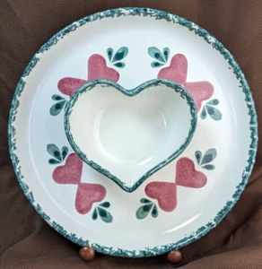 Vintage Chaparral Pottery Sponge Painted Heart Design Shape Chip & Dip Server - Picture 1 of 10