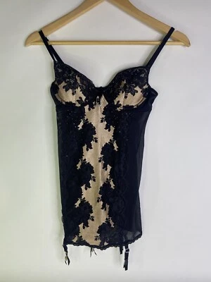 Sexy corsé de encaje satinado liguero Victoria's Secret 34B negro beige seducción Foto 1 de 4