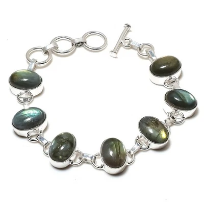 Ювелирный браслет ручной работы из чистого серебра 925 пробы с лабрадоритом и драгоценными камнями на День благодарения - Изображение 1 из 4