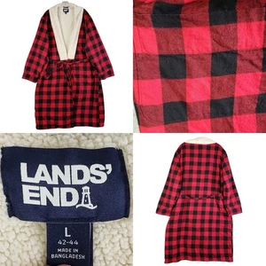 Lands End Robe Mens Sz L 42-44 Red Plaid Flannel Fleece Lined Belted Pockets - Picture 1 of 11