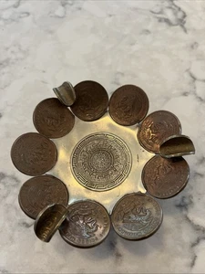 Vintage Metal Ashtray Mexican Centavos Coins Aztec Design - Picture 1 of 7