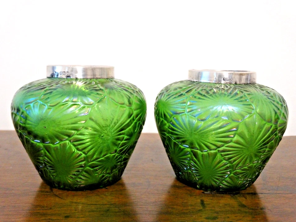 SCARCE PAIR WILHELM KRALIK SOHN IRIDESCENT GLASS VASE "LEAF" & STERLING SILVER - image 1 of 4