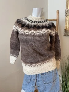 Fair Isle Sweater 100% Alpaca Vintage Women’s Small 3/4 Sleeve Brown Cream - Picture 1 of 6