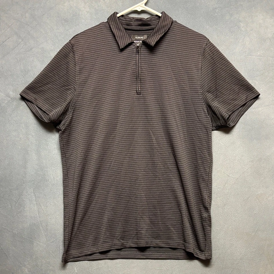 Alfani Men’s Polo Shirt Large Black Gray Grid Pattern Zip Moisture Wicking - Image 1 of 4