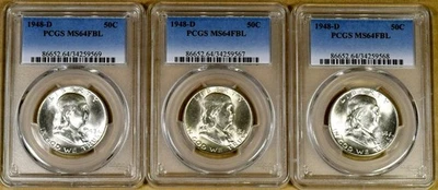 Meio dólar 1948-D PCGS MS64 FBL Franklin - 95% - 99% branco ardente - Imagem 1 de 2