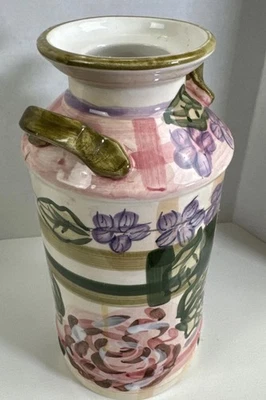 "Jarra de leche de cerámica de colección 9"" de alto 2 asas florero decoración de flores" Foto 1 de 4