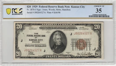 Fr.1870-J 1929 Kansas City $20 Federal Reserve Bank Note PCGS Choice VF 35 - Image 1 of 2