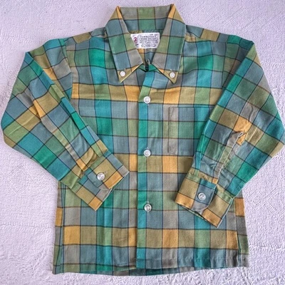 Vintage Boy's 1960s Turquoise Plaid Polycotton Long Sleeve Shirt Size 4 - Image 1 of 4