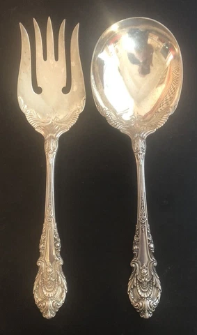 Wallace Sir Christopher Sterling Silver 2 Piece Salad Set Spoon Fork Serving Vtg Cover