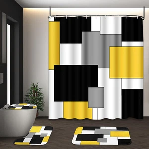 Yellow Geometric Shower Curtain Set with Toilet Lid Cover and Non-Slip Rugs for  - Picture 1 of 12