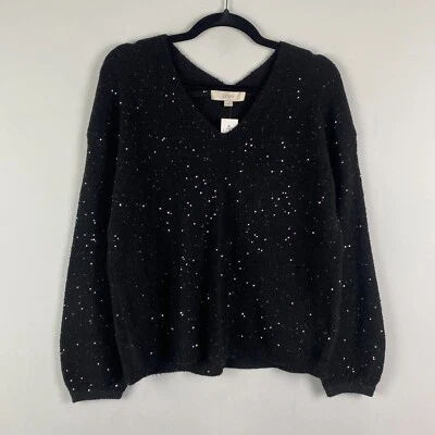 Suéter Loft Lantejoulas Duplo V Tamanho Médio Preto Pulôver Metálico - Imagem 1 de 4