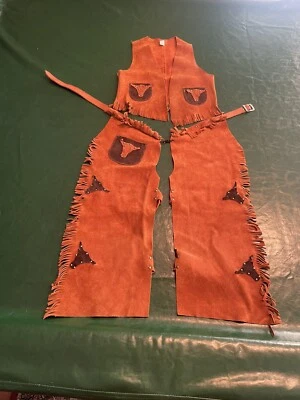 ¡Disfraz de vaquero y chaleco de cuero real vintage para niños! Marca Talla M Usado Foto 1 de 4