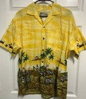 DJ HAWAII Men Yellow Palm Trees Motorcycle Surfboard Short Sleeve Button Shirt L