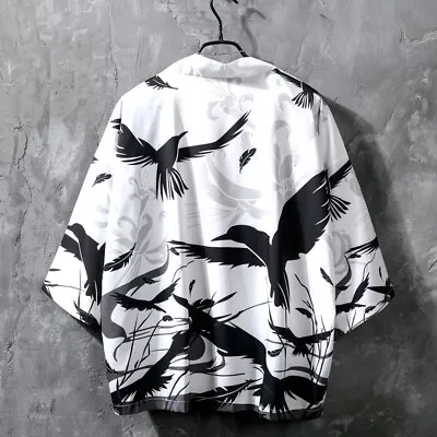 Men Japanese Kimono Coat Jacket Loose Retro Outwear Yukata Haori Bird Casual Top - Image 1 of 2