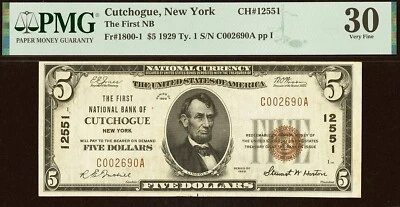 1929 $5 National Bank Cutchogue, New York CH# 12551 PMG 30 rare total 4 known - Image 1 of 3