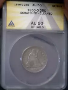 1850-O Seated Liberty Quarter Cleaned Details SCRATCHED - Picture 1 of 8