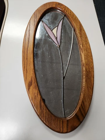 Orpheus Signed 1993 Vintage Stained Glass Wood Framed Mirror 18.75" x 8" Cover