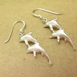 Pendientes dobles colgantes a dúo de delfín deliciosamente de plata esterlina 925 1,5" 4,7 g - Imagen 1 de 10