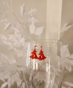 Red Lucite Flower Earrings With Crystals In Silver - Picture 1 of 6