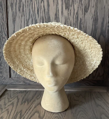 Vintage Women’s Off White Wide Brim Straw w/ Matching Petersham Bow Hat 20 1/2” - Image 1 of 4